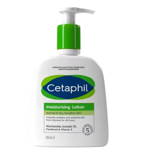 "Cetaphil Moisturising Lotion 236 mL pump bottle, dermatologist recommended hydrating lotion with niacinamide, avocado oil, panthenol and Vitamin E, defends against 5 signs of skin sensitivity."