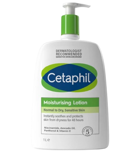"Cetaphil Moisturising Lotion 1 L pump bottle, dermatologist recommended sensitive skincare brand, protects against 5 signs of sensitivity, long‑lasting hydration for normal to dry skin."