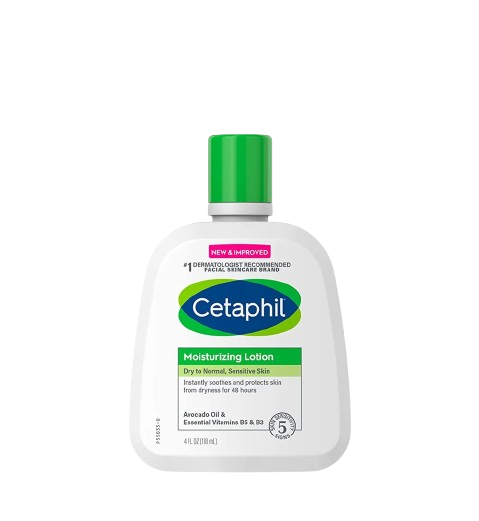 "Cetaphil Moisturizing Lotion 118 mL bottle with green cap, dermatologist recommended hydrating lotion for dry to normal sensitive skin, enriched with avocado oil and vitamins."
