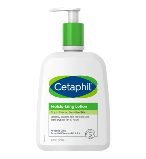"Cetaphil Moisturizing Lotion 473 mL pump bottle, lightweight 48‑hour hydration for dry to normal sensitive skin, formulated with avocado oil, Vitamin B5 and B3."

