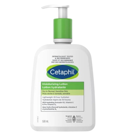 "Cetaphil Moisturizing Lotion 500 mL dermatologist tested bilingual label, hydrating lotion with avocado oil and Vitamin E, provides 48‑hour hydration for sensitive skin."
