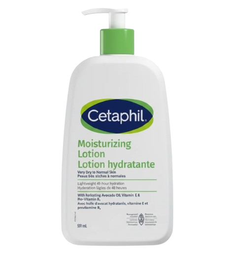 "Cetaphil Moisturizing Lotion 591 mL pump bottle, nourishing lotion for very dry to normal skin, enriched with avocado oil, Vitamin E and Pro‑Vitamin B5."