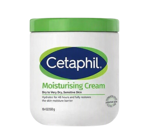 Cetaphil Moisturising Cream jar with green lid on a white background, showing product label for dry to very dry sensitive skin, without any blue tag.